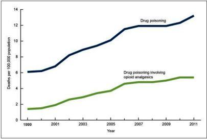 The rate of increase in opiate OD deaths is slowing. (CDC/NCHS)